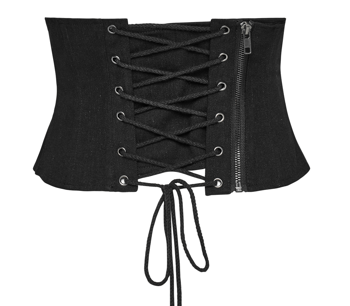 Edgy black lace-up corset belt with mesh and buckle details for a bold punk fashion statement.