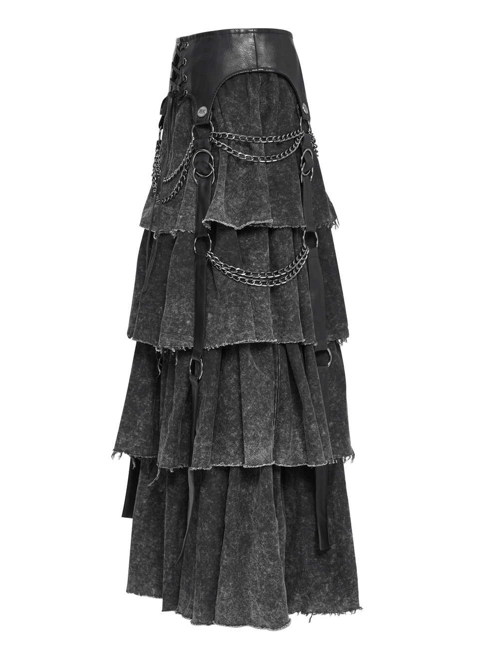 Edgy layered gothic skirt with chains and lace-up detail, perfect for festivals or bold daily looks.