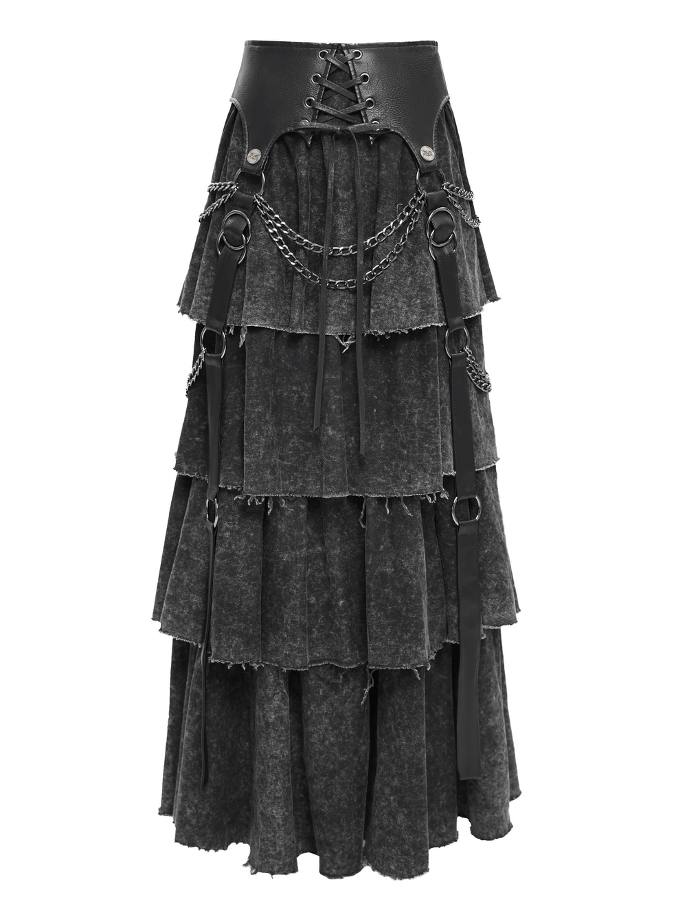 Layered gothic skirt with chains, lace-up waist, and distressed black fabric for edgy style.