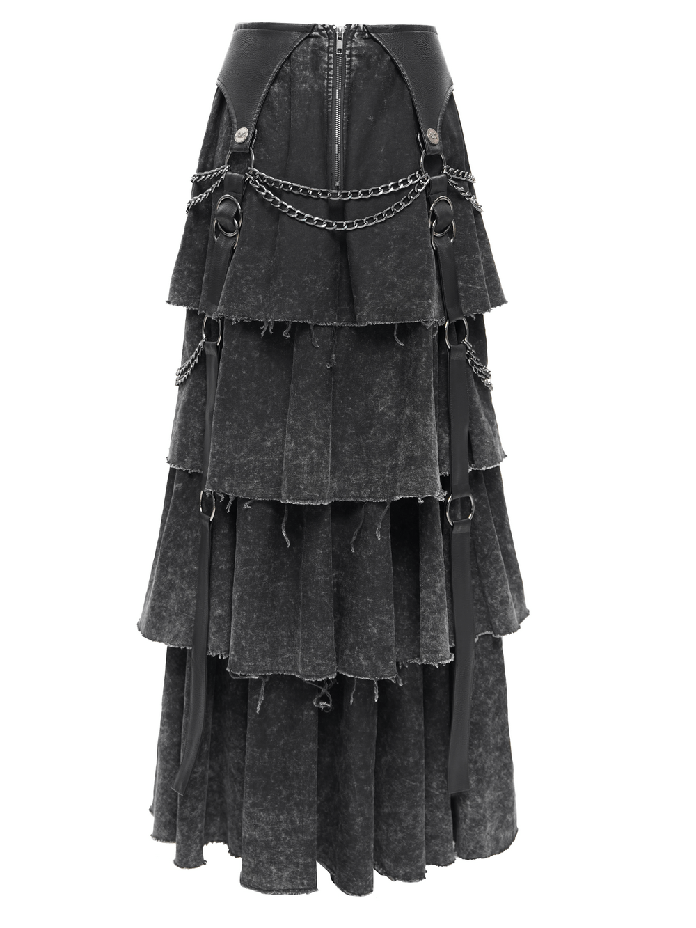 Edgy layered black gothic skirt with chains and lace-up waist for a bold look.