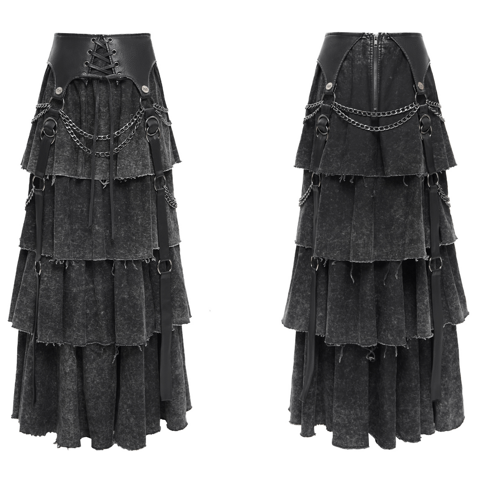 Edgy dark gothic layered skirt with chains and lace-up detail, perfect for festivals and bold outfits.