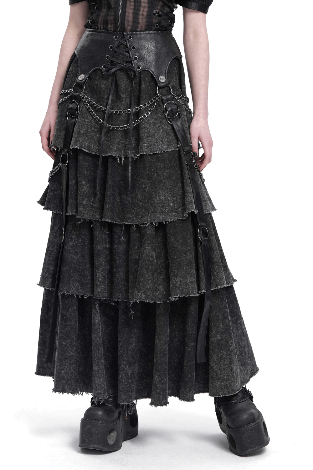 Layered gothic skirt with chains and lace-up detail, featuring tiered black fabric for edgy festival or daily wear.