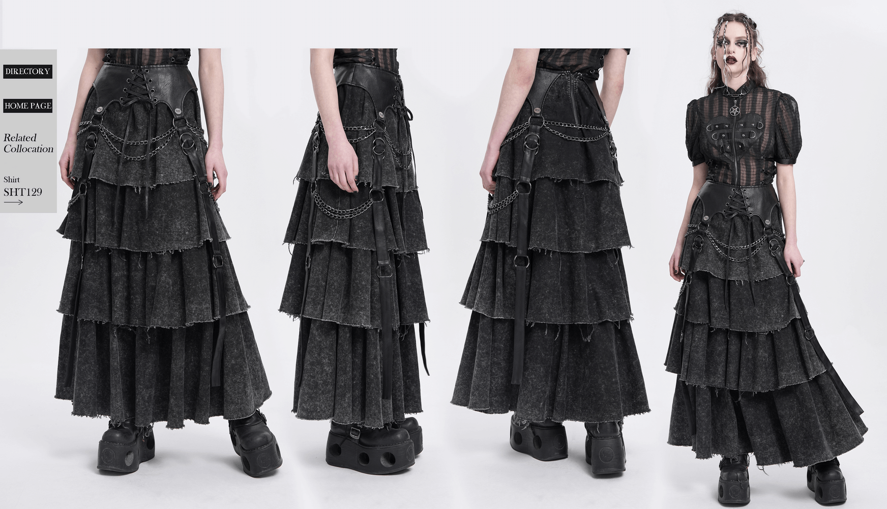 Layered Gothic skirt with chains and lace-up, showcasing edgy design and distressed texture, perfect for bold styles.