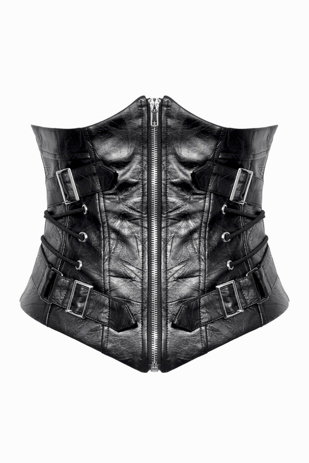 Edgy black leather corset belt with zippers and buckle details, perfect for a punk-inspired look and customizable fit.