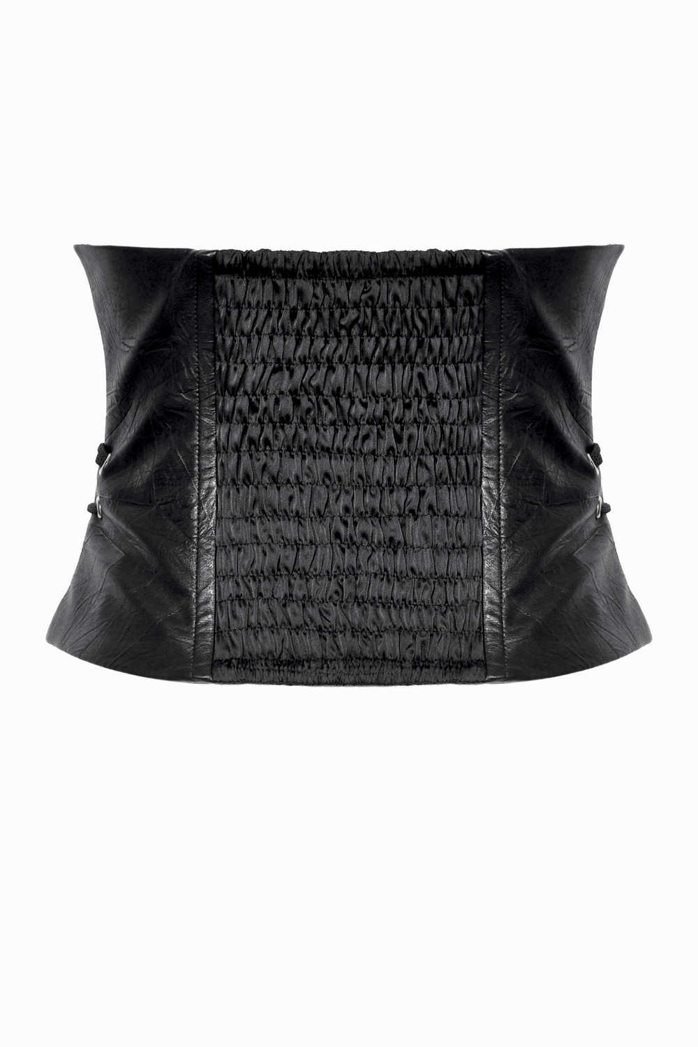 Edgy black leather corset belt with smocked panel and side lacing for a punk-inspired look.