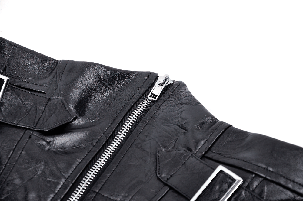 Edgy black leather corset belt featuring zipper and buckle details, showcasing punk-inspired design.