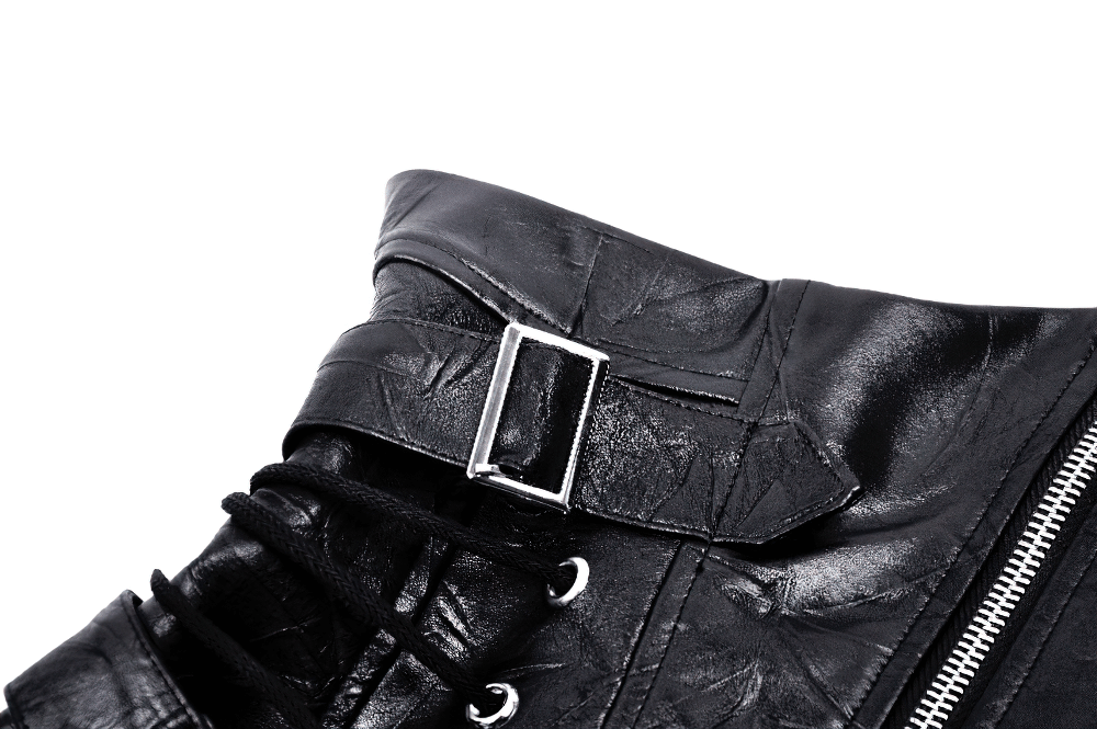 Close-up of edgy black leather boot with buckle and lacing details, perfect for punk and gothic styles.