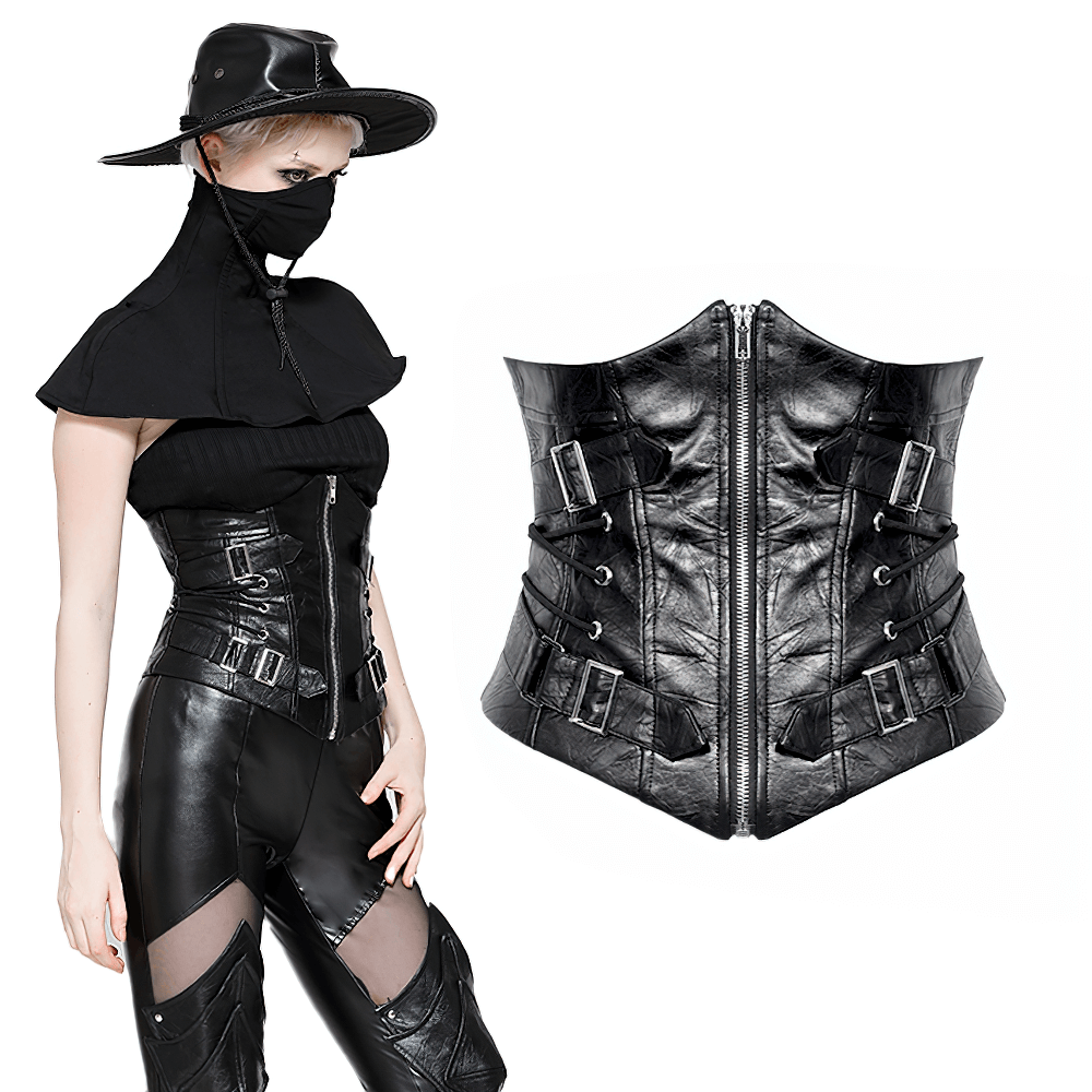 Edgy black leather corset belt with zipper and buckle details, perfect for punk and gothic fashion enthusiasts.