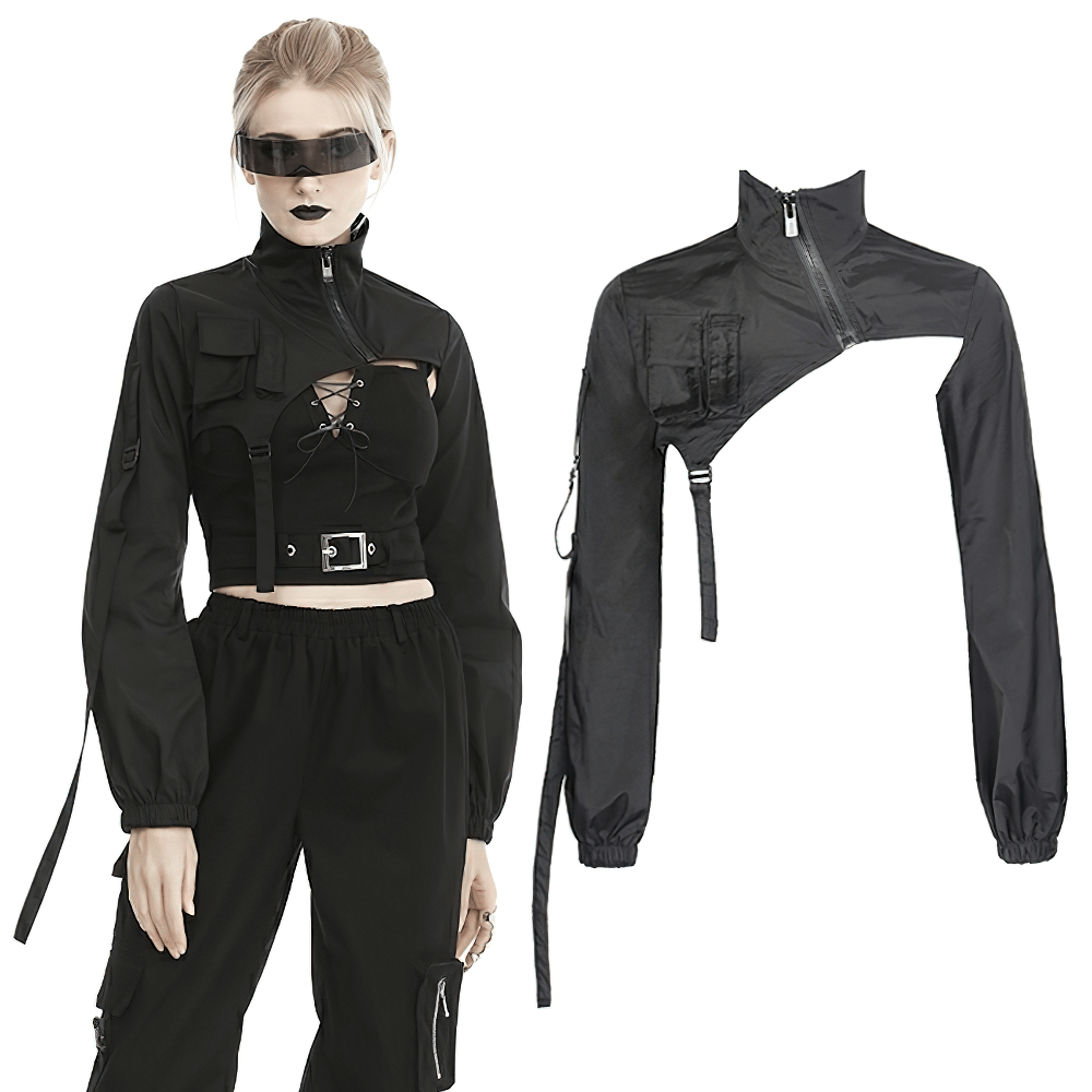 Edgy long sleeve cropped jacket with zipper and pockets, styled for a cyberpunk street look.