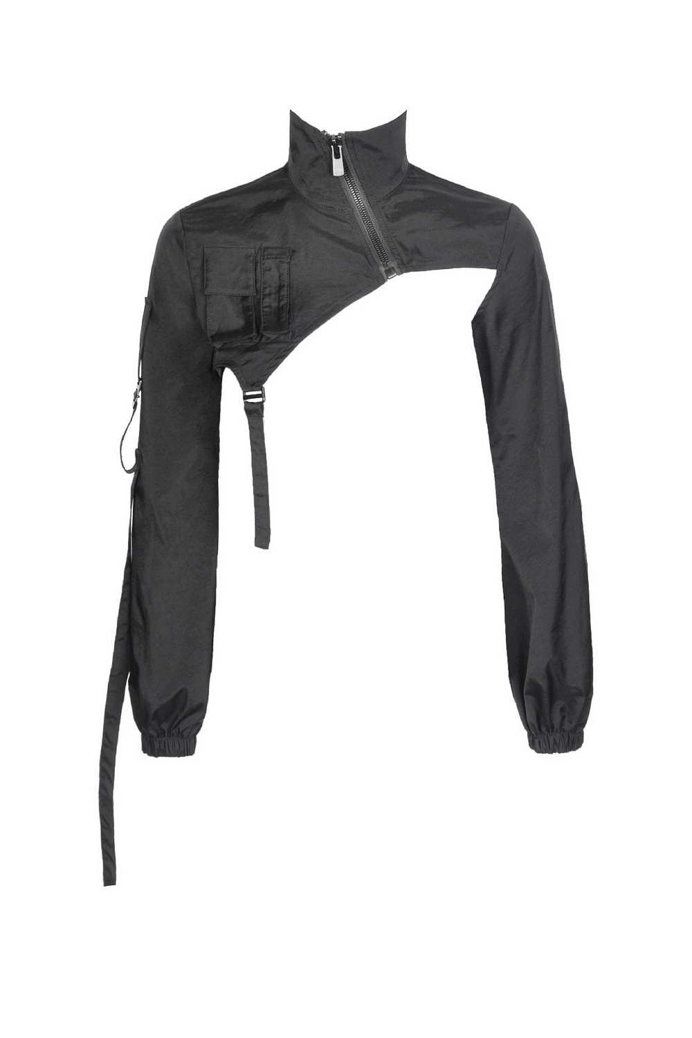 Edgy black cropped jacket with long sleeves, bold zipper, and unique design for a cyberpunk street style.