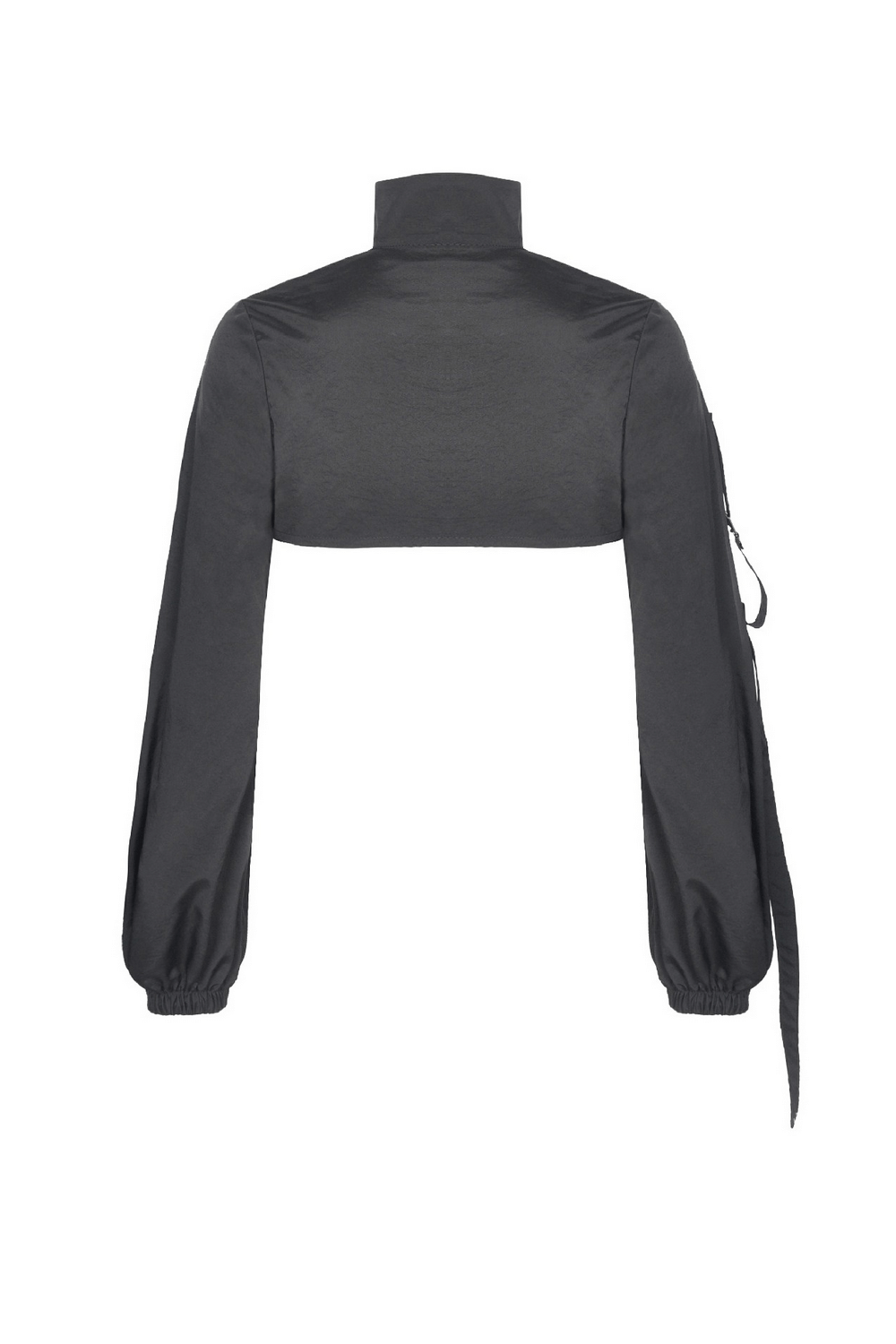 Back view of edgy black long sleeve cropped jacket with zipper and functional pockets.