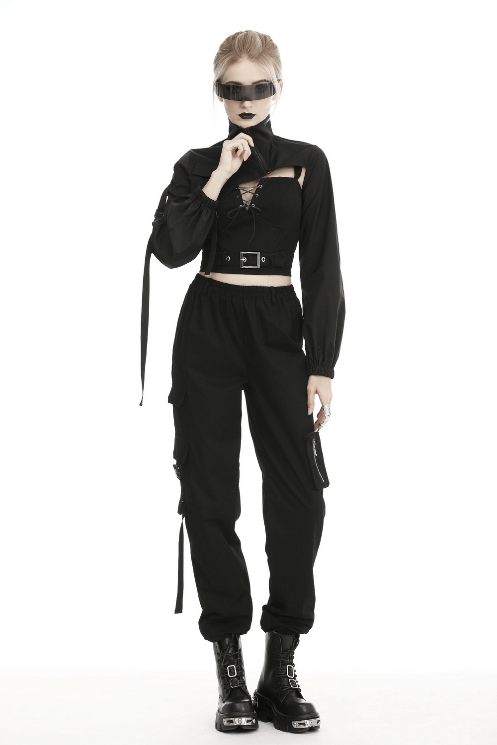 Edgy black long sleeves cropped jacket with zipper, paired with cargo pants, perfect for cyberpunk street style.