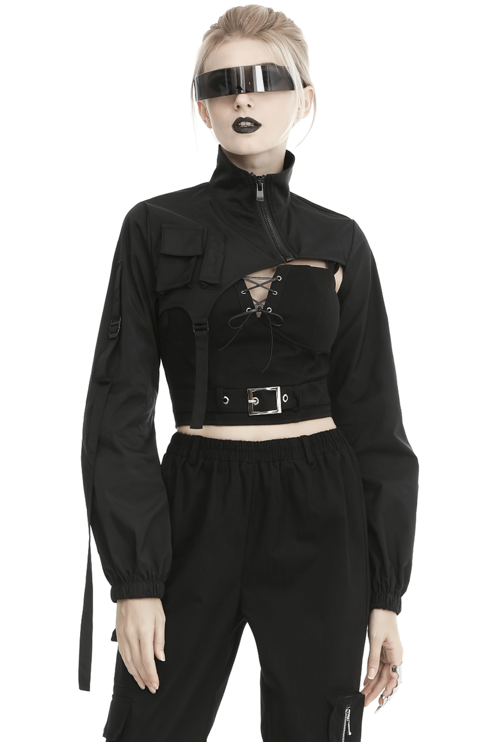Edgy Long Sleeves Crop Jacket with Zipper and Pockets