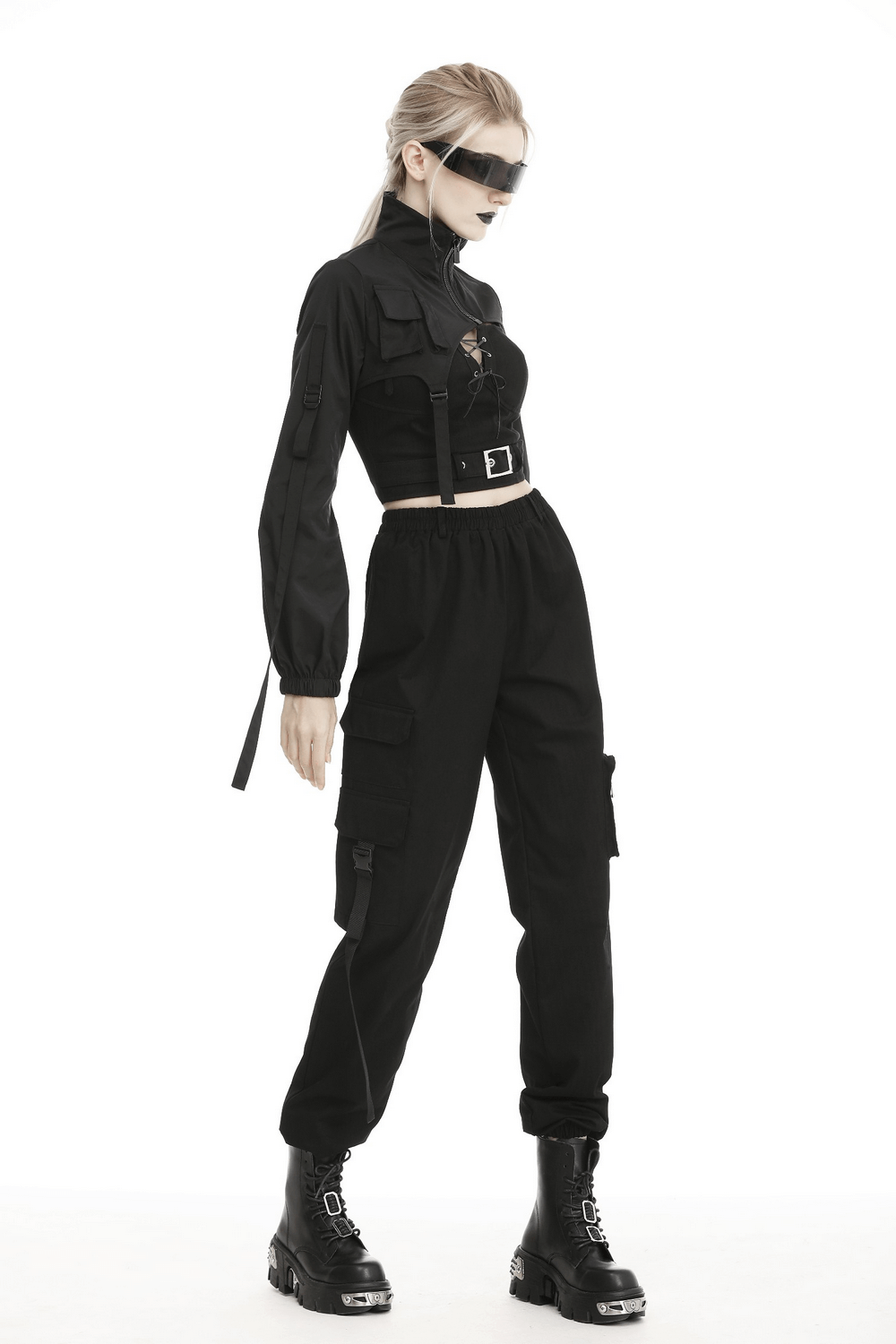 Edgy long sleeves cropped jacket with zipper, paired with cargo pants for a bold street style look.