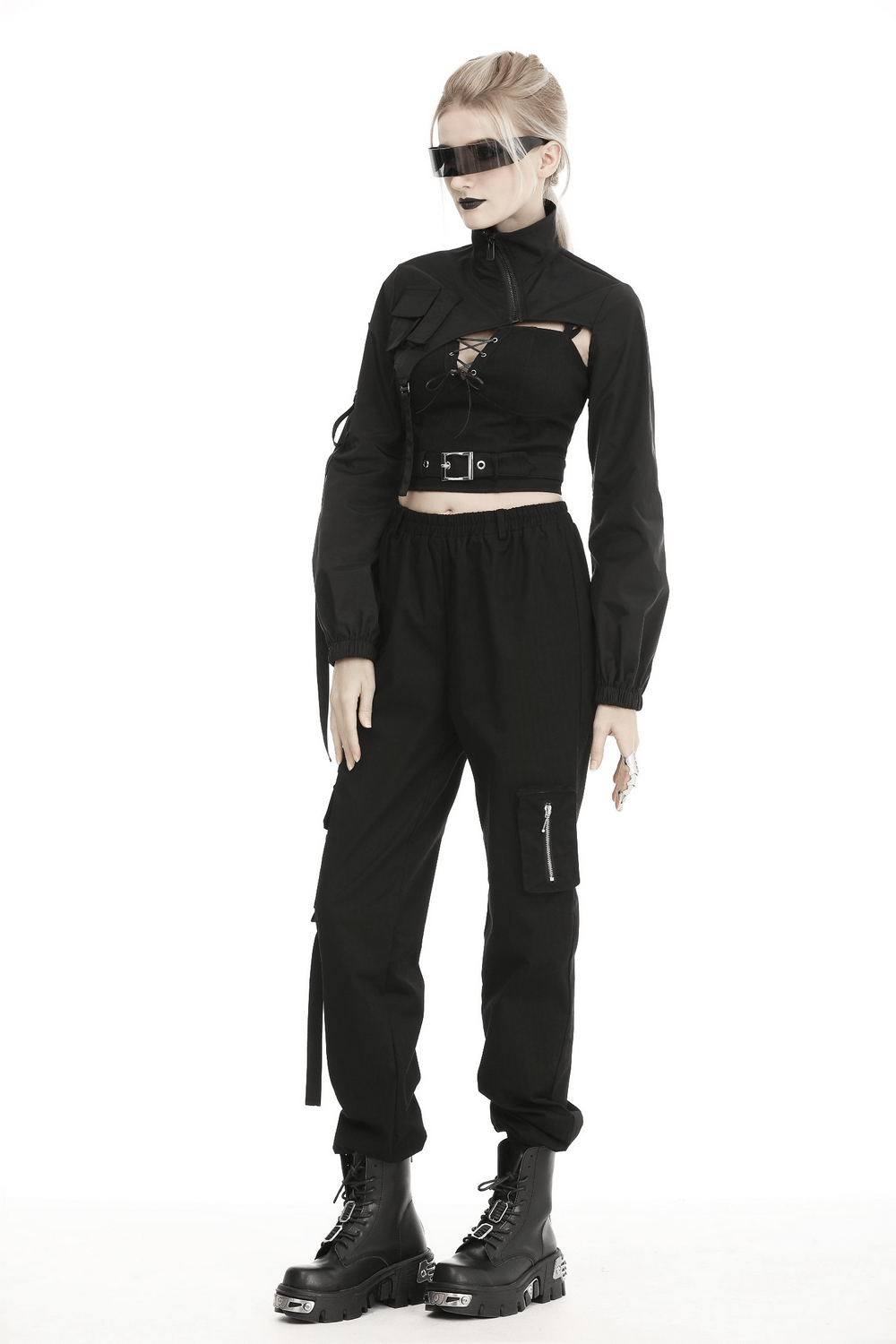 Edgy Long Sleeves Crop Jacket with Zipper and Pockets