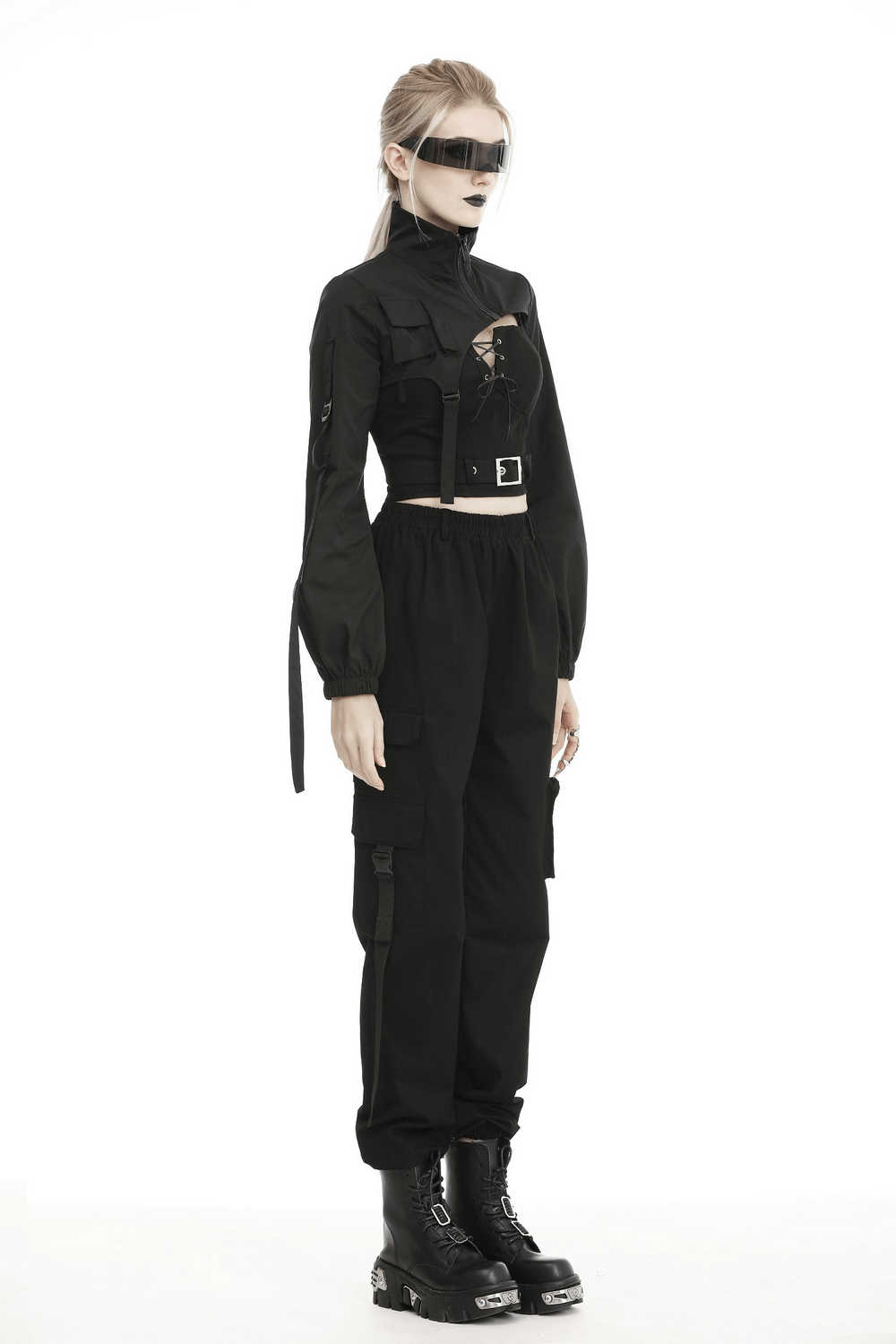 Edgy black cropped jacket with long sleeves, zipper, and cargo pants for a cyberpunk street style look.