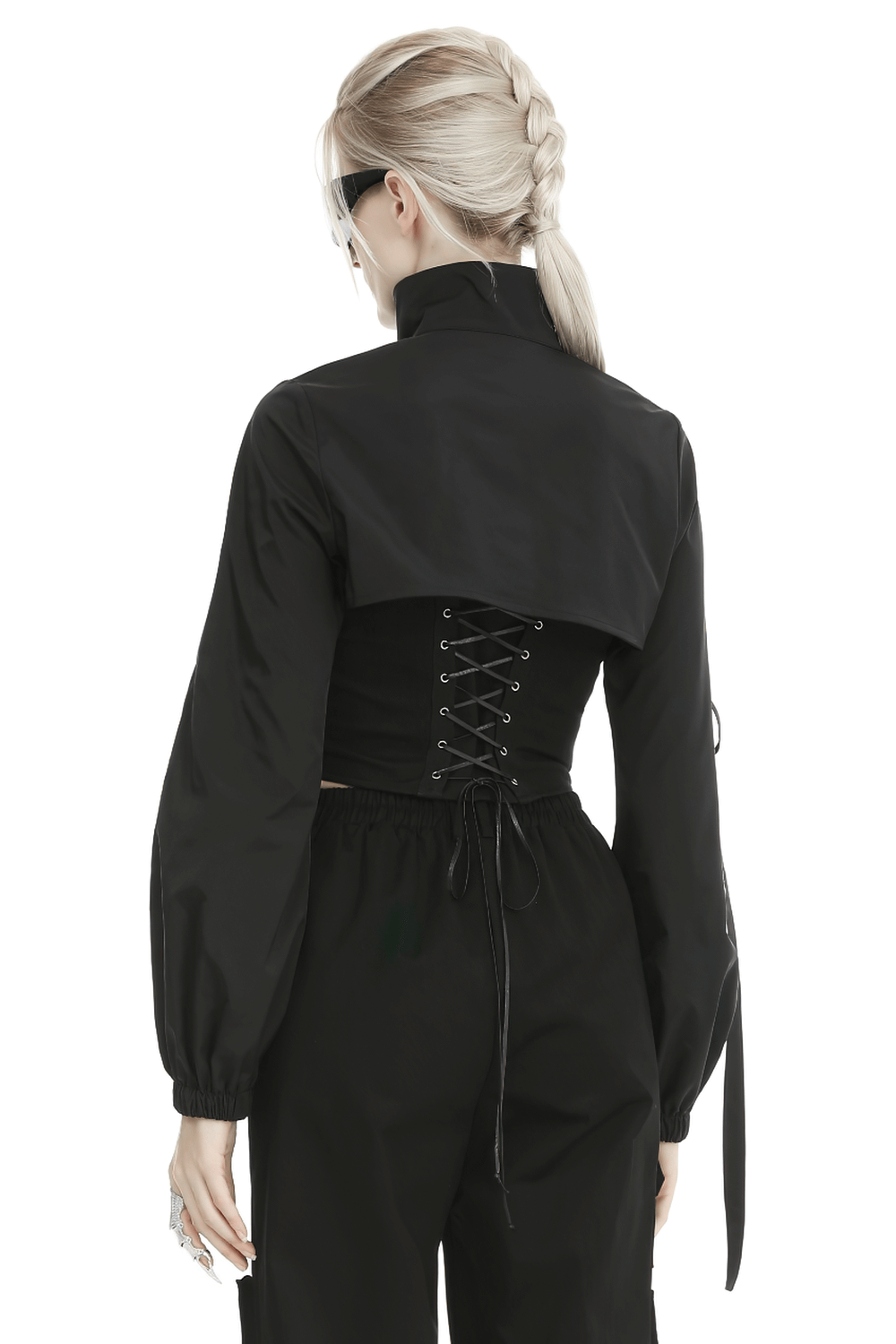 Back view of an edgy black cropped jacket with long sleeves and lace-up detailing, showcasing a stylish streetwear look.