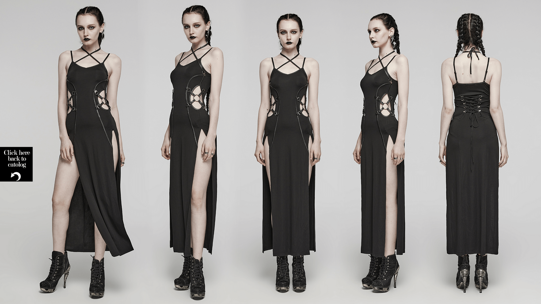 Edgy black punk dress with slits, lace-up details, and two-way straps for a stylish rockstar look.