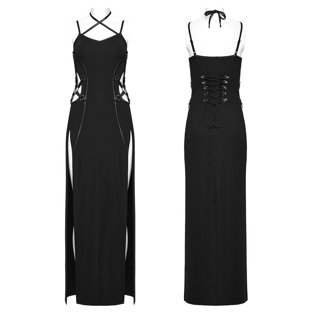 Black punk dress with slits and adjustable straps, featuring lace-up details for a bold, edgy look.