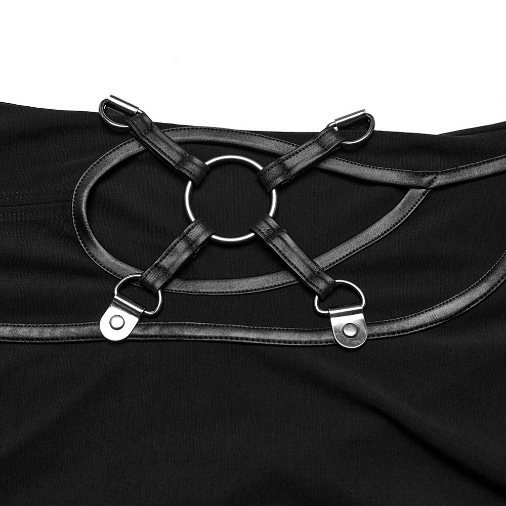 Close-up of edgy black dress straps featuring a ring and faux leather details for a punk style look.