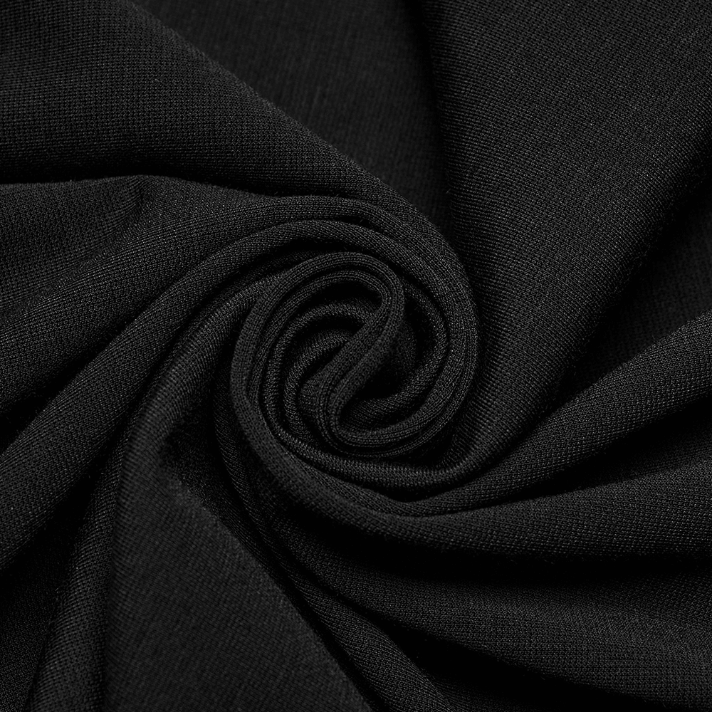Close-up of soft black knit fabric, showcasing its stretchy texture for comfortable punk-style dresses.