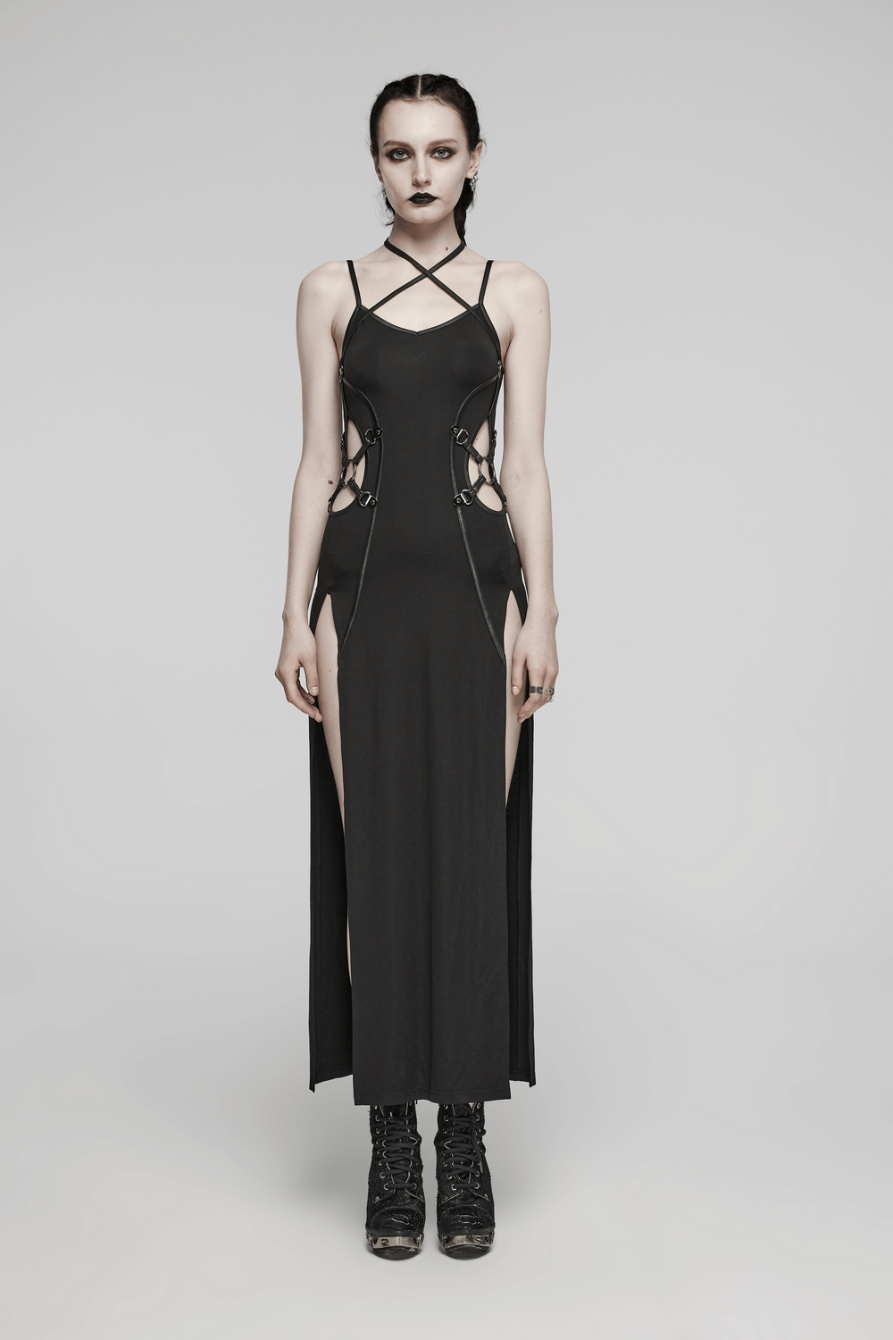 Edgy Long Two-Way Straps Dress with Slits and Lace Up