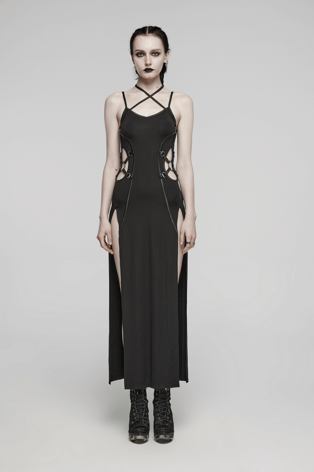 Edgy black dress with two-way straps, slits, and lace-up details, perfect for a punk style look.