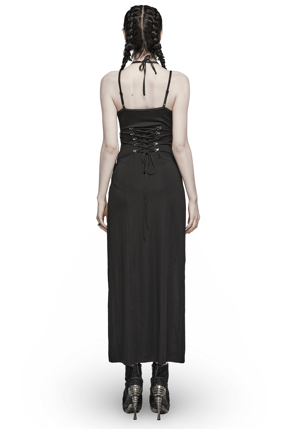 Back view of a punk-style black dress with lace-up detail and adjustable straps for women.