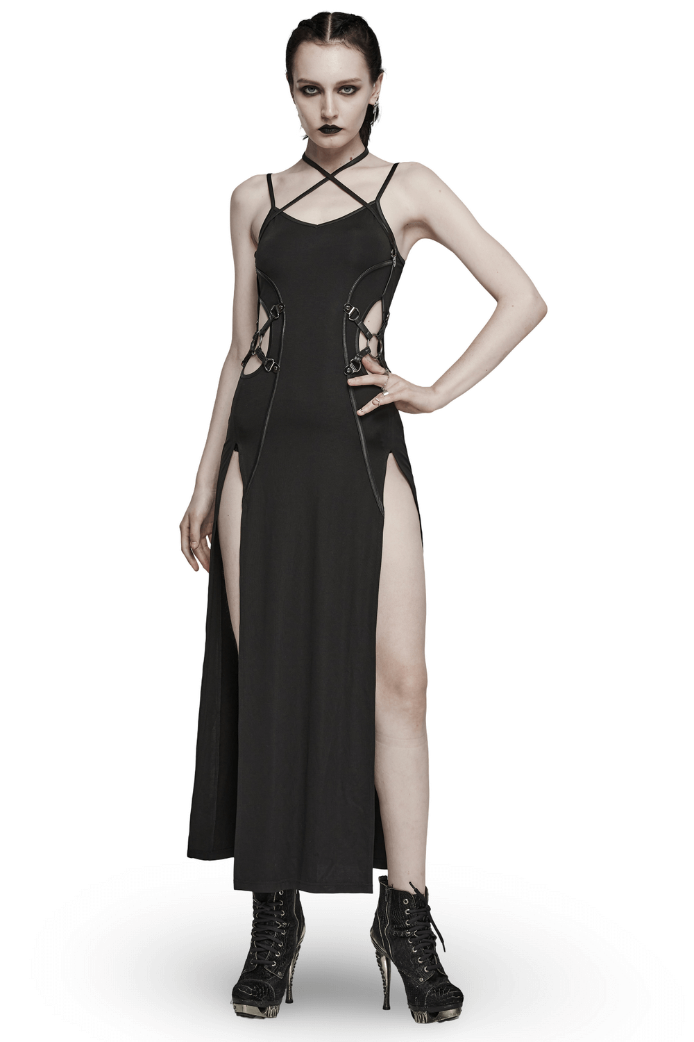 Edgy black punk dress with slits, two-way straps, and lace-up details for a stylish gothic look.