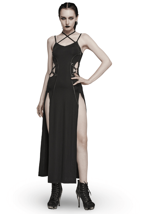 Edgy Long Two-Way Straps Dress with Slits and Lace Up