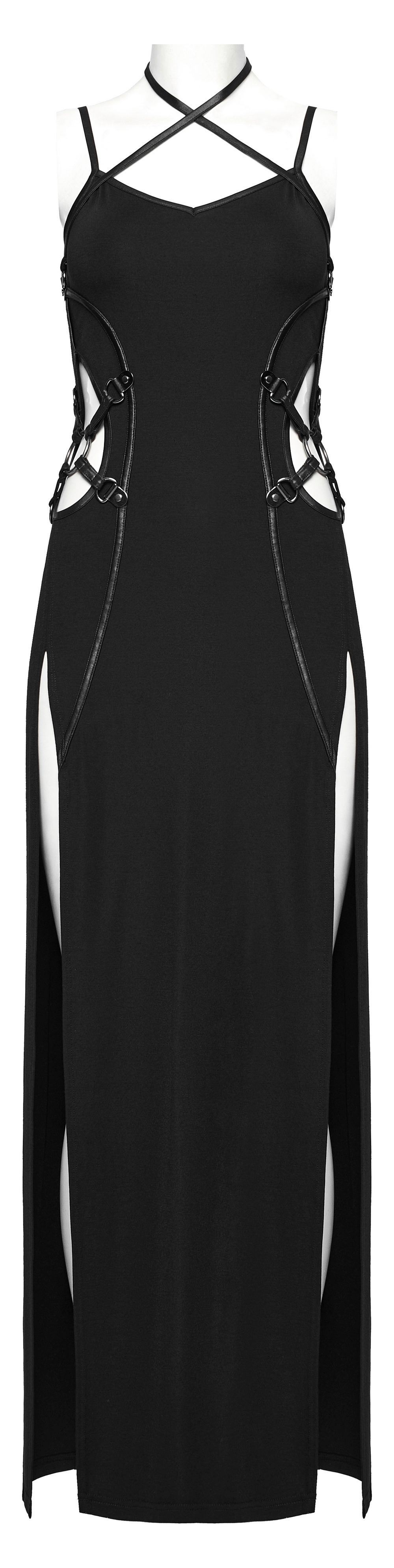 Edgy black long dress with two-way straps, slits, and lace-up details for a punk rock style.