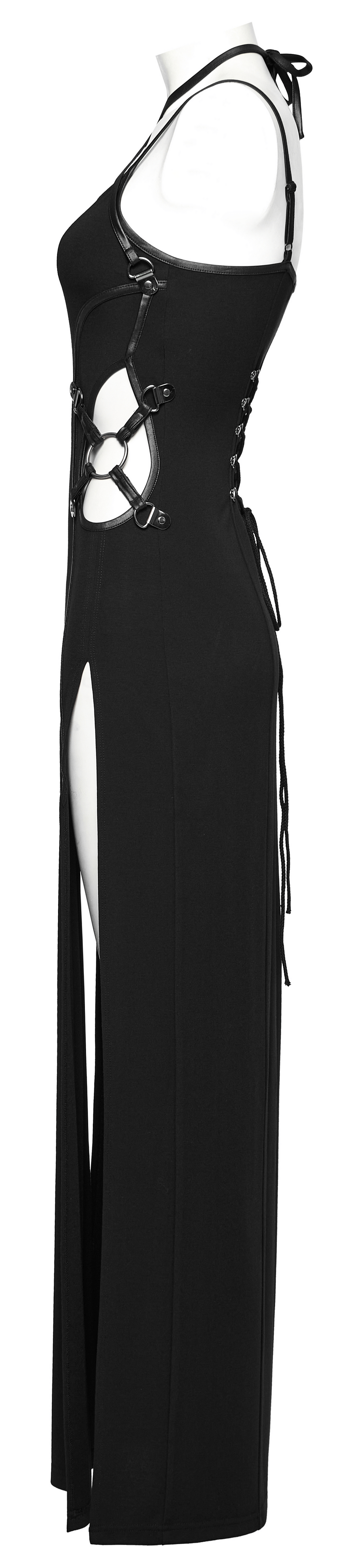 Edgy long black dress with two-way straps, slits, and lace-up details, perfect for a punk rock look.