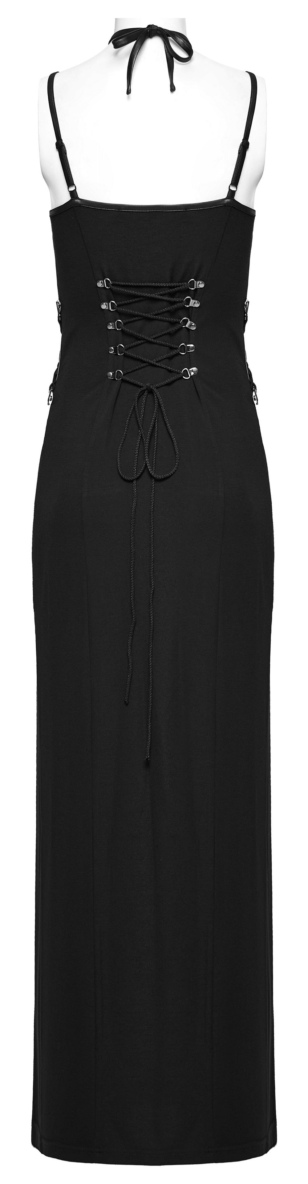 Back view of edgy black long dress with lace-up detailing and adjustable straps for a punk rock style.