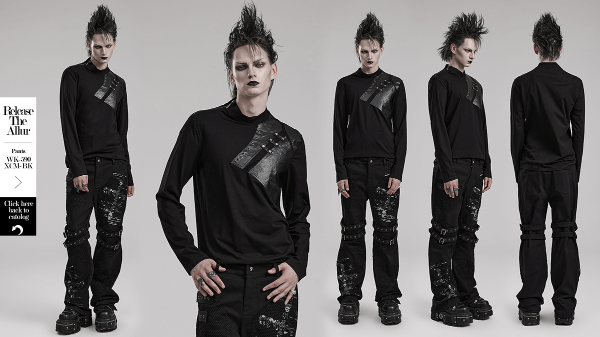 Edgy male model showcasing metal accented long sleeve punk sweatshirt with bold styling and rebellious vibe.