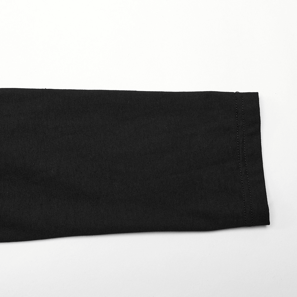 Close-up of the sleeve detail of a black edgy long sleeves sweatshirt, showcasing its sleek design and stitching.