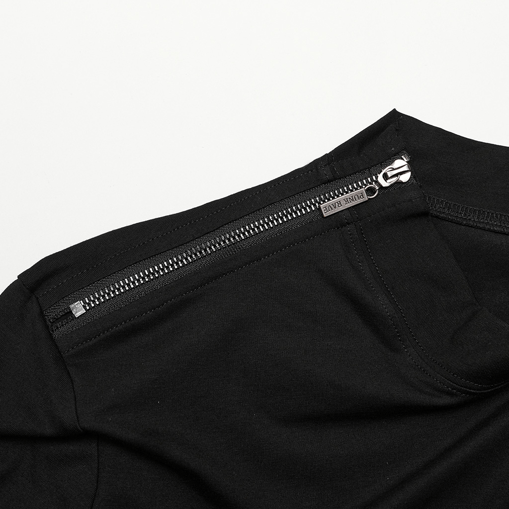 Close-up of a black sweatshirt showing edgy metal zipper detail on the shoulder, perfect for punk style.