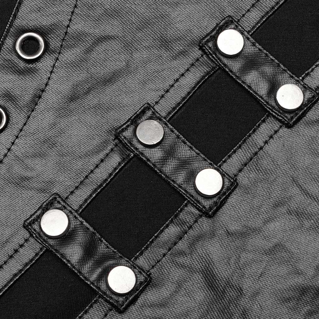 Close-up of edgy metal accents on punk sweatshirt, showcasing rivet details and textured fabric.