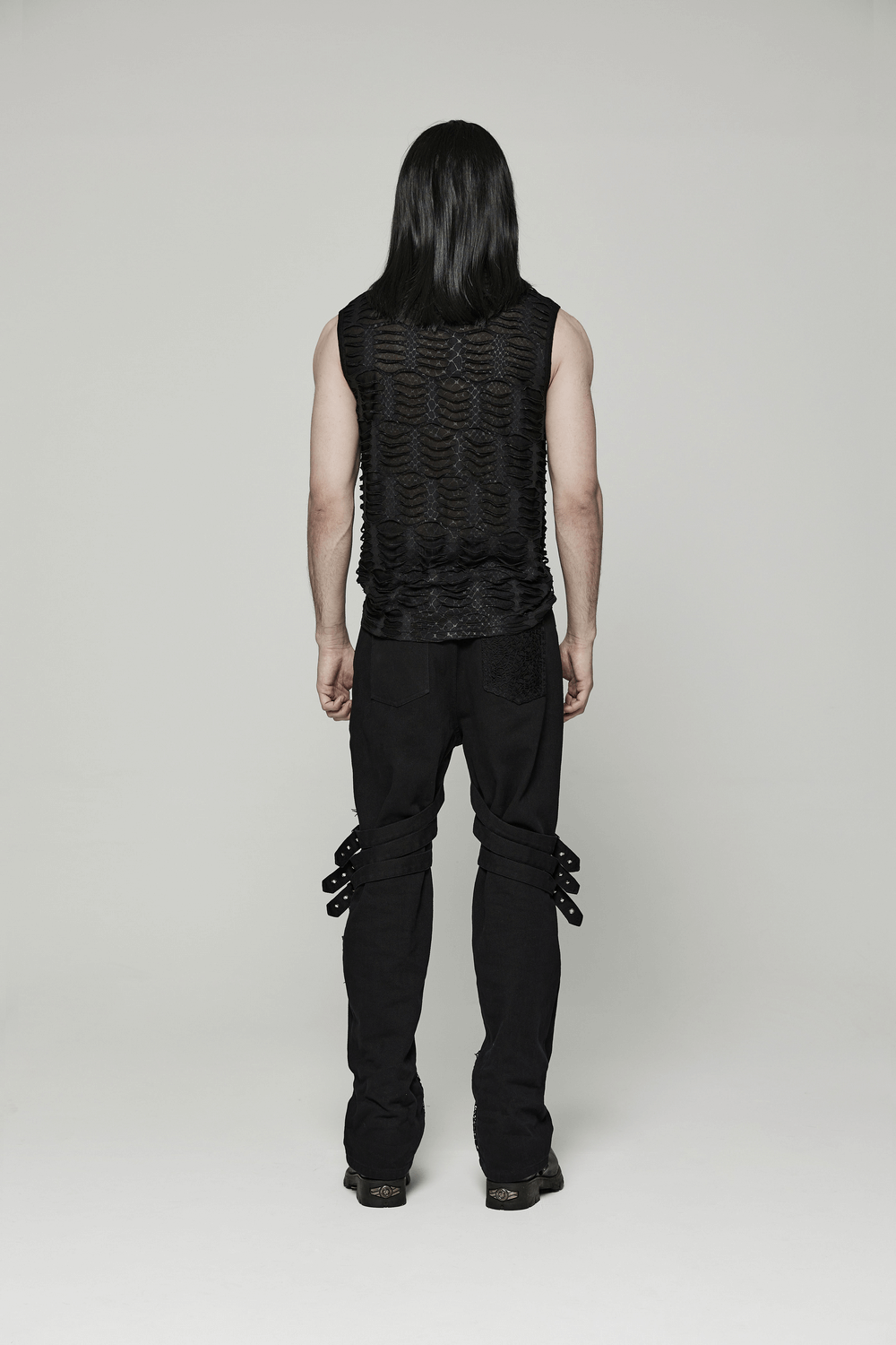 Edgy men's sleeveless black gothic top with asymmetrical mesh design and high collar, viewed from the back.