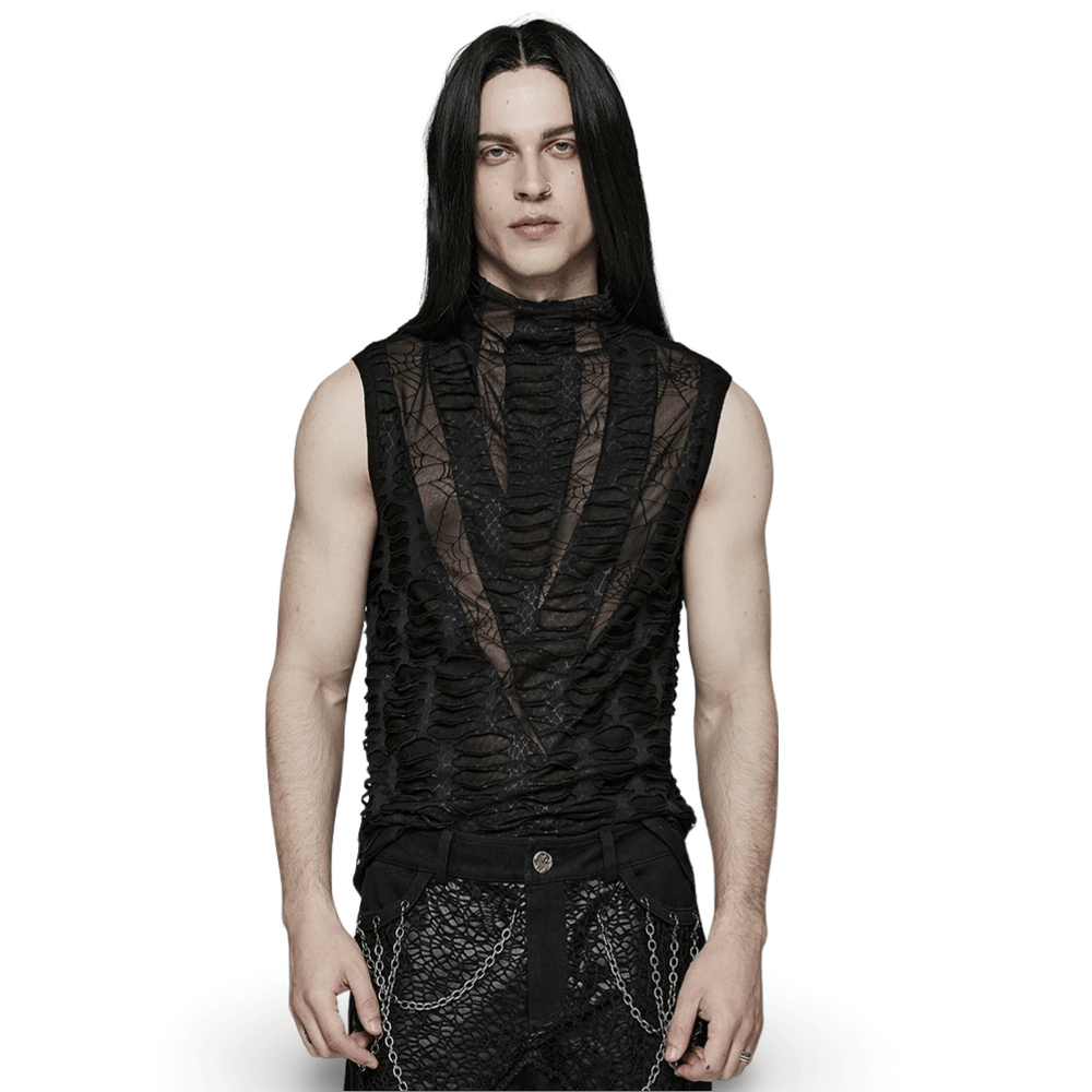Edgy men's asymmetric mesh sleeveless gothic top with unique sharp teeth design in black.