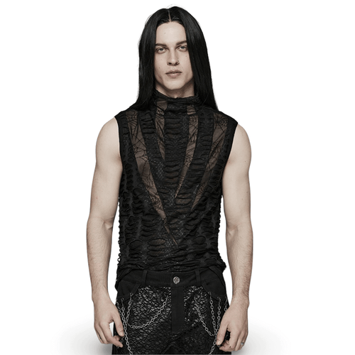 Edgy Herren-Gothic-Oberteil mit asymmetrischem Netzstoff und ärmellosen Ärmeln