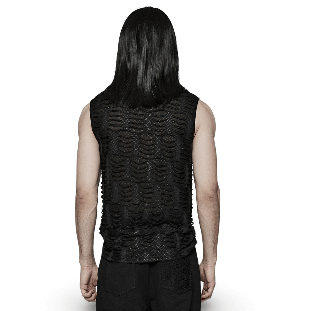 Back view of a man wearing an edgy sleeveless black gothic top with unique textured design.