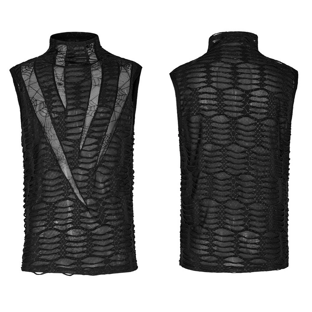 Asymmetric black gothic sleeveless top with sharp teeth design and mesh fabric, perfect for edgy style.