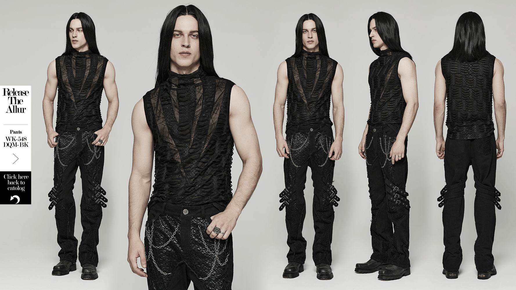 Edgy men's gothic sleeveless top featuring asymmetric mesh design and high collar in black.