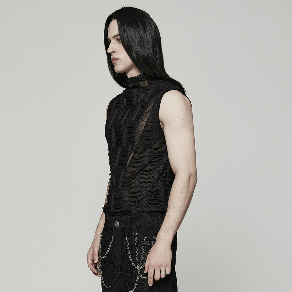 Edgy men's asymmetric mesh sleeveless gothic top, featuring sharp teeth design and high collar.