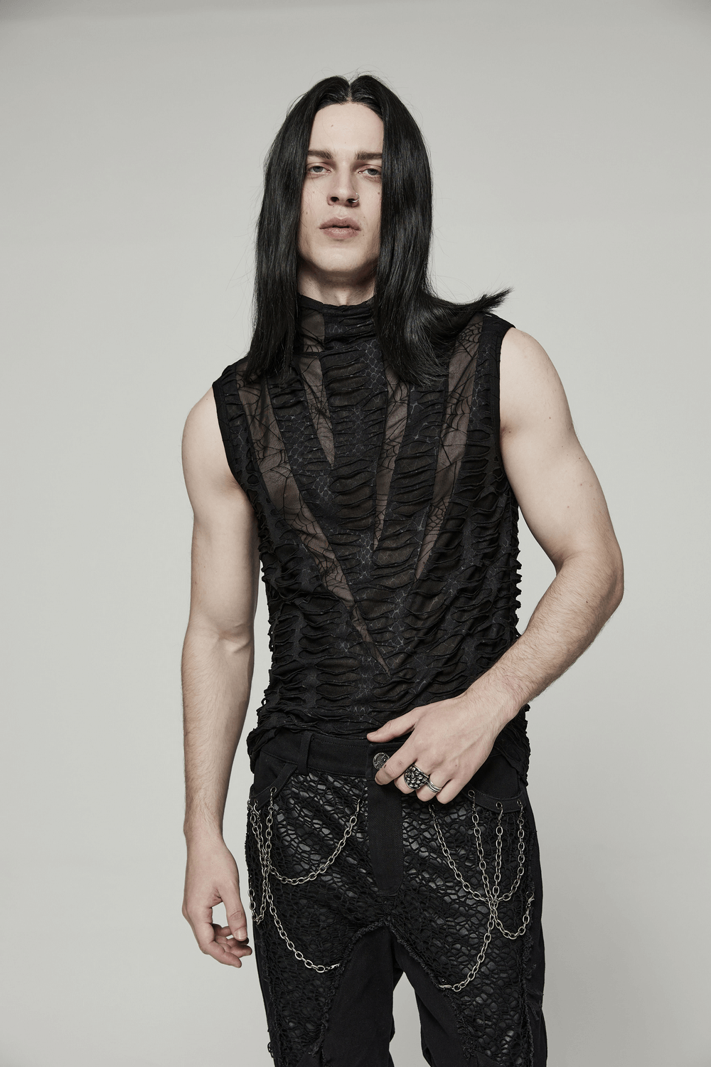 Men's Asymmetric Mesh Sleeveless Gothic Top with sharp teeth design and high collar, perfect for edgy fashion.