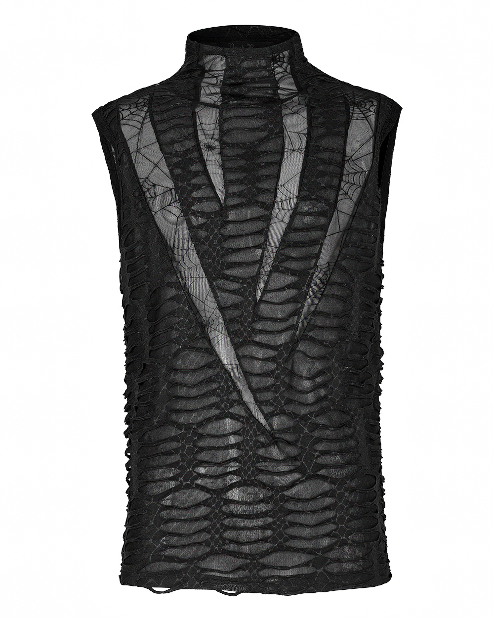 Asymmetric black gothic sleeveless top with sharp teeth design and mesh fabric, perfect for edgy style.