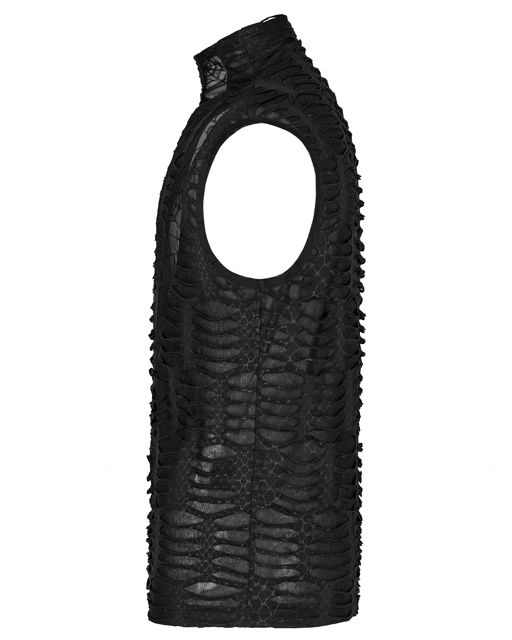 Asymmetric black gothic sleeveless top with sharp teeth design and mesh fabric, perfect for edgy style.