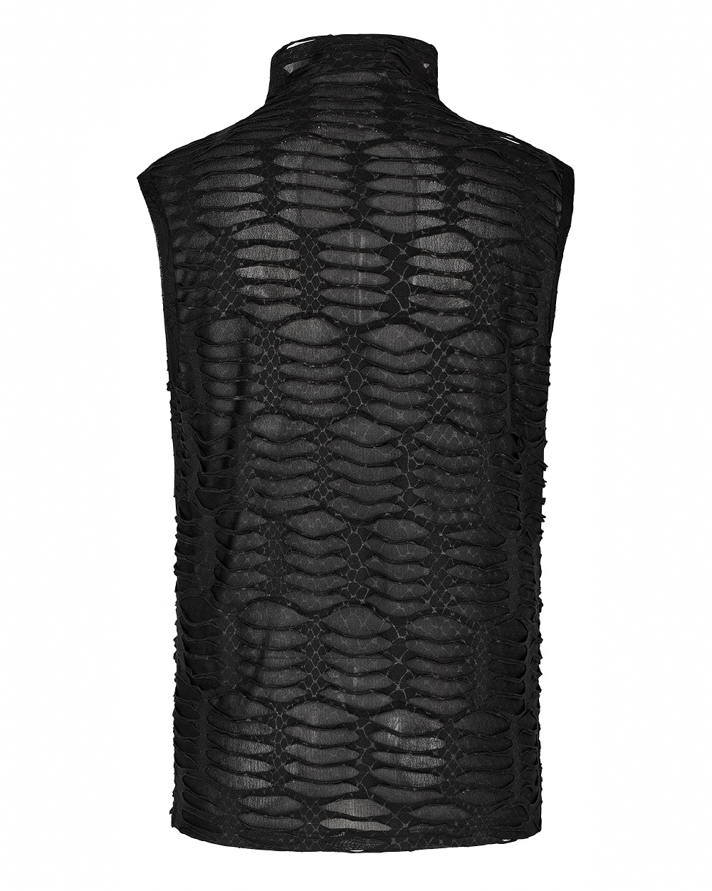 Asymmetric black gothic sleeveless top with sharp teeth design and mesh fabric, perfect for edgy style.