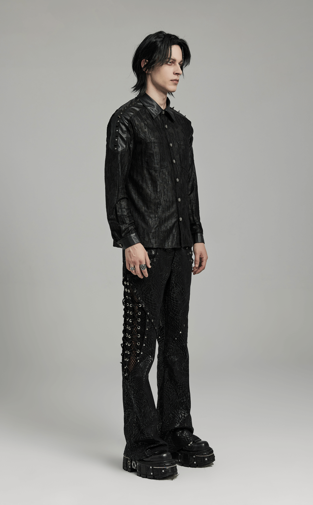 Edgy Men's Textured Black Shirt with Sleeves Studs