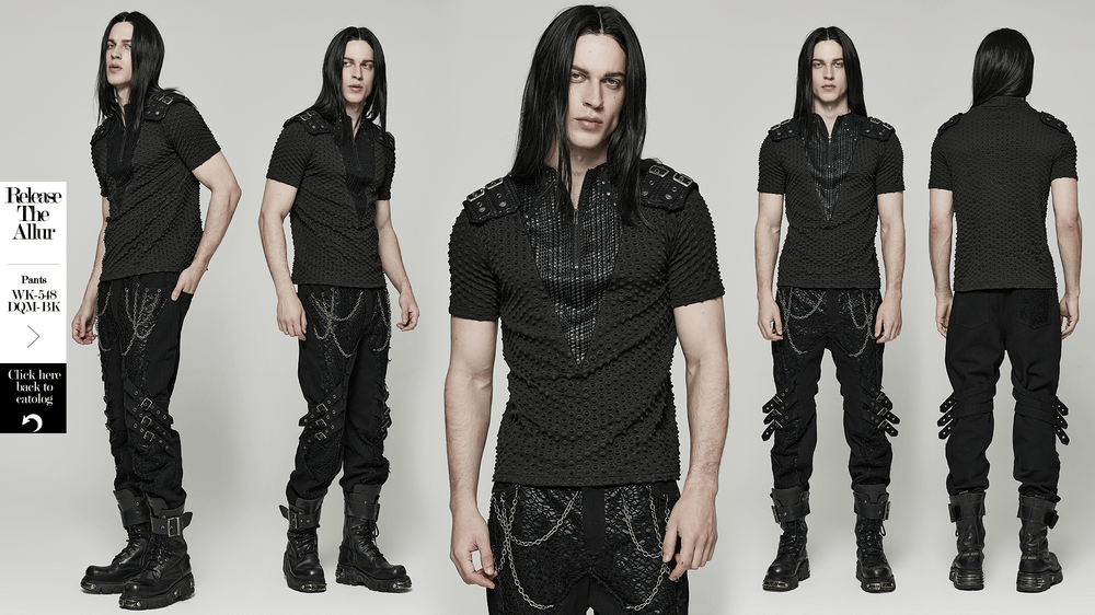 Edgy mesh-paneled punk tee with tactical shoulder straps, styled with urban pants and combat boots.